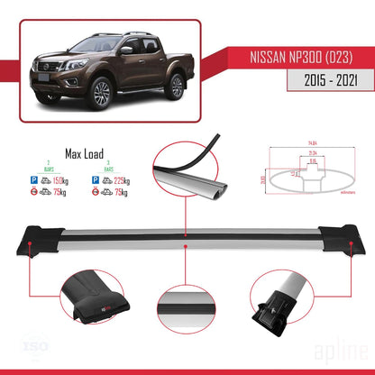 Compatible with Nissan NP300 (D23) 2015-2021 Fly Model Car Roof Rack Cross Bar Grey Aluminium 2 Bars
