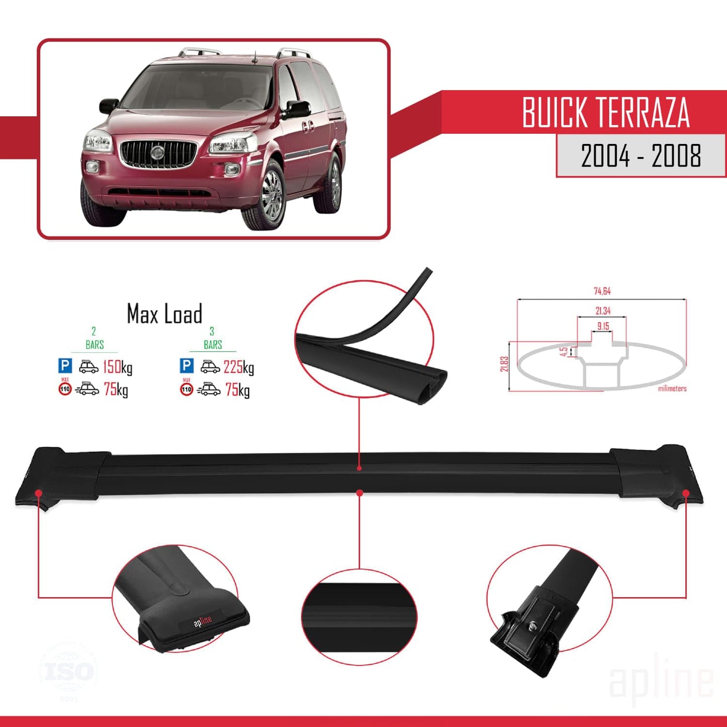 Compatible with Buick Terraza CXL 2004-2008 Fly Model Car Roof Rack Cross Bar Black Aluminium 2 Bars