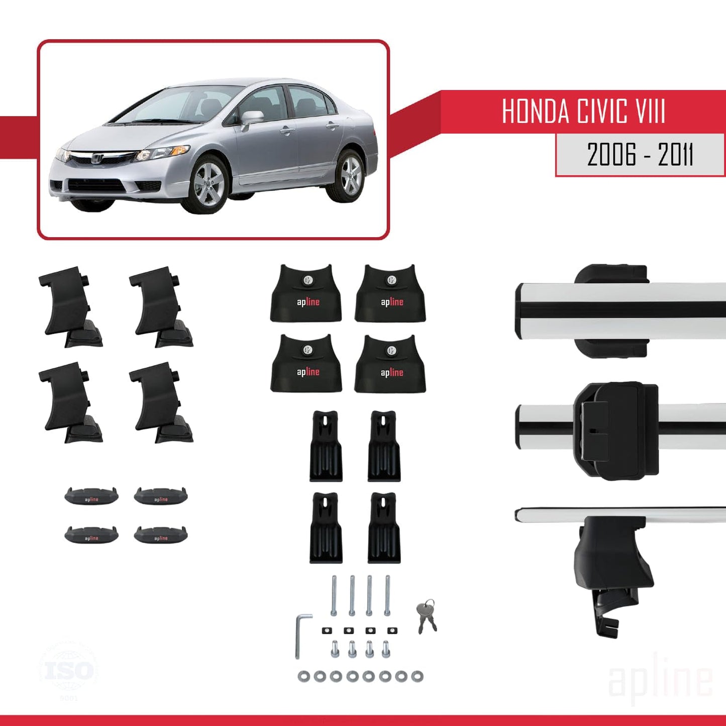 Compatible with Honda Civic 8 V3 Sedan 2006-2011 ACE-4 Car Roof Rack Cross Bar Grey Aluminium 2 Bars