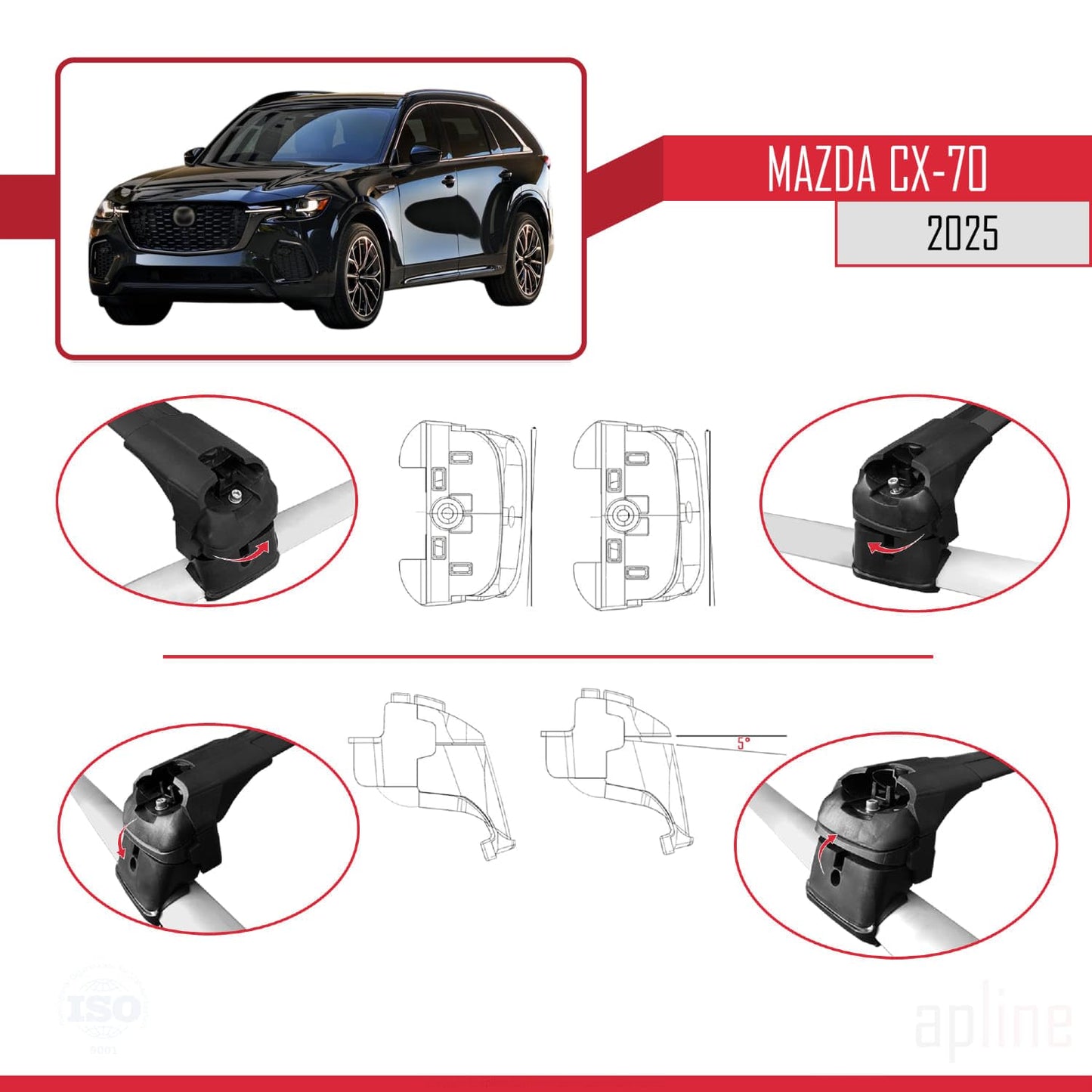 Compatible with Mazda CX-70 2025 ACE-2 Car Roof Rack Cross Bar Black Aluminium 2 Bars