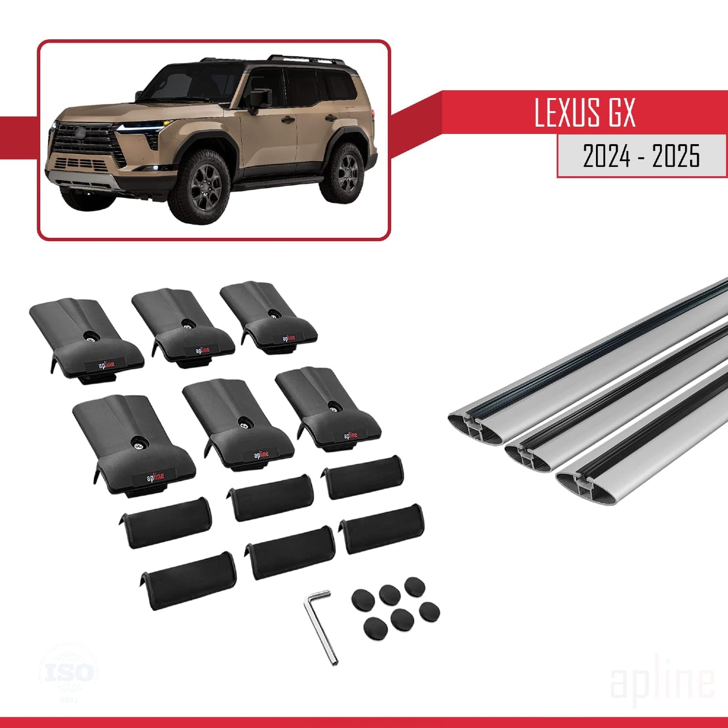 Compatible with Lexus GX 2024-2025 Fly Model Car Roof Rack Cross Bar Grey Aluminium 3 Bars