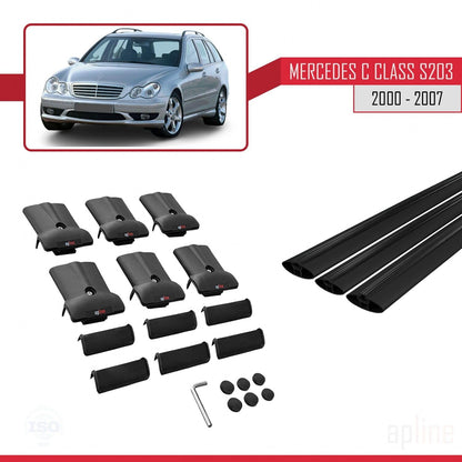 Compatible with Mercedes C Class 2 (S203) 2000-2007 Fly Model Car Roof Rack Cross Bar Black Aluminium 3 Bars