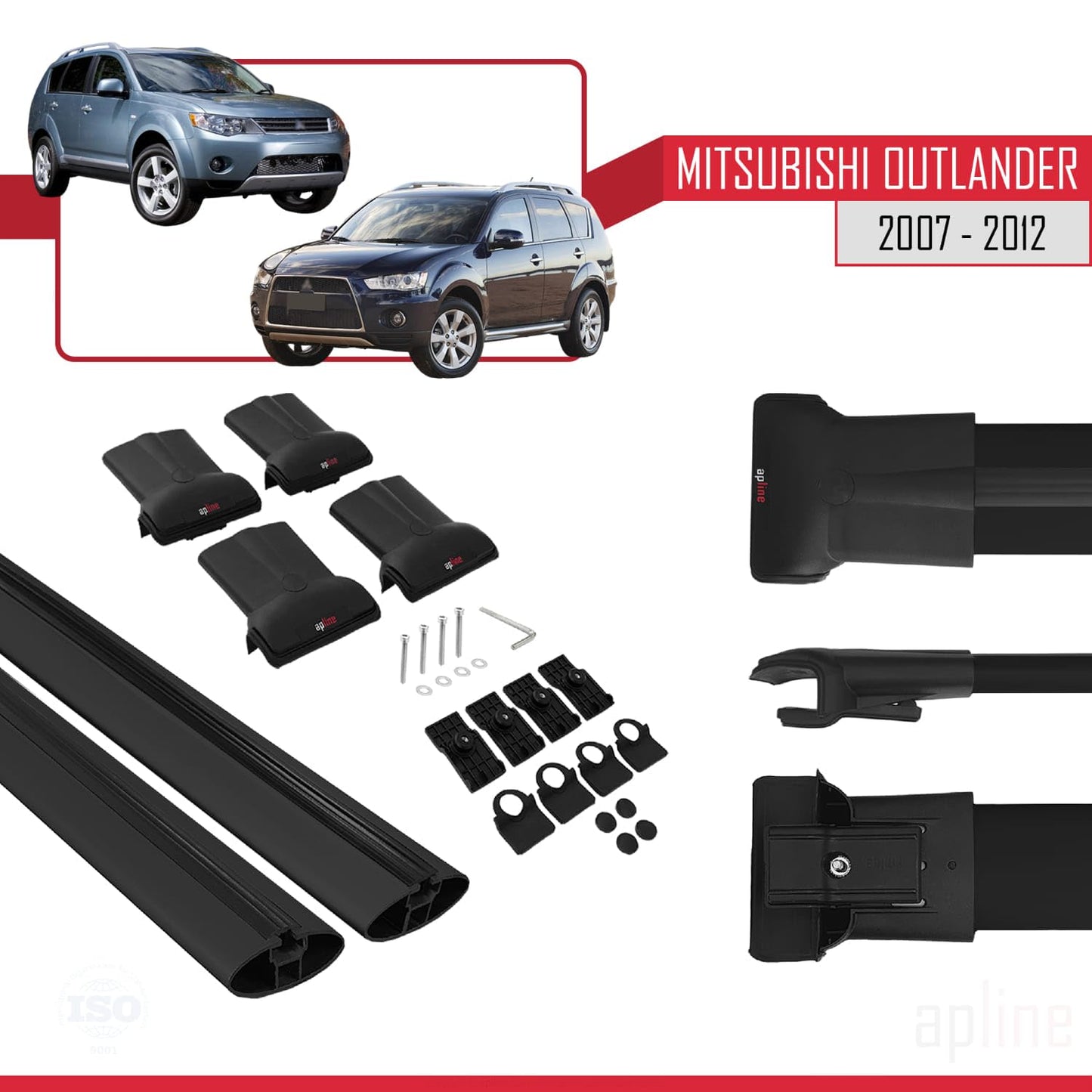 Compatible with Mitsubishi Outlander 2 2007-2012 Fly Model Car Roof Rack Cross Bar Black Aluminium 2 Bars
