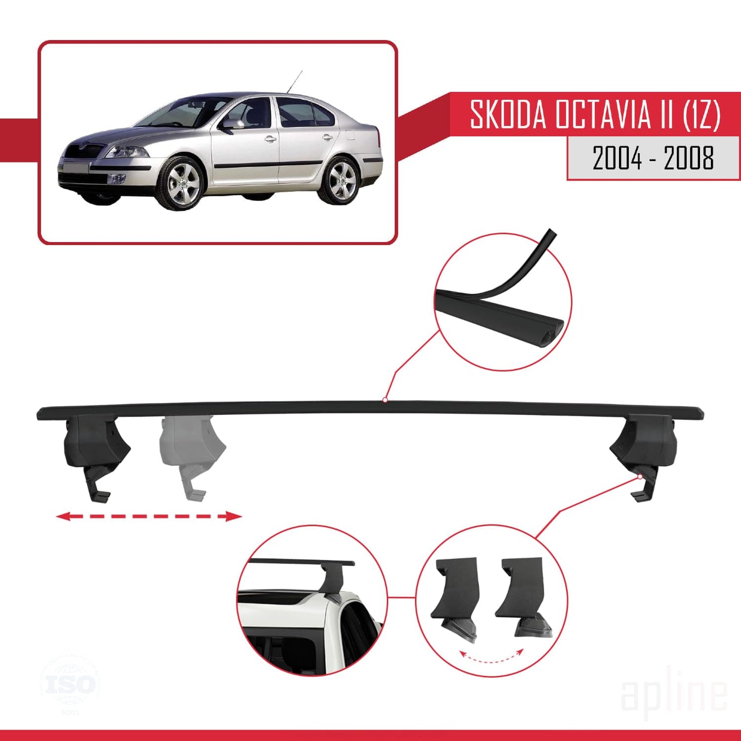 Compatible with Skoda Octavia 2 (1Z) Pre-Facelift 2004-2008 ACE-4 Car Roof Rack Cross Bar Black Aluminium 2 Bars