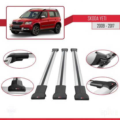 Compatible with Skoda Yeti 2009-2017 Fly Model Car Roof Rack Cross Bar Grey Aluminium 3 Bars