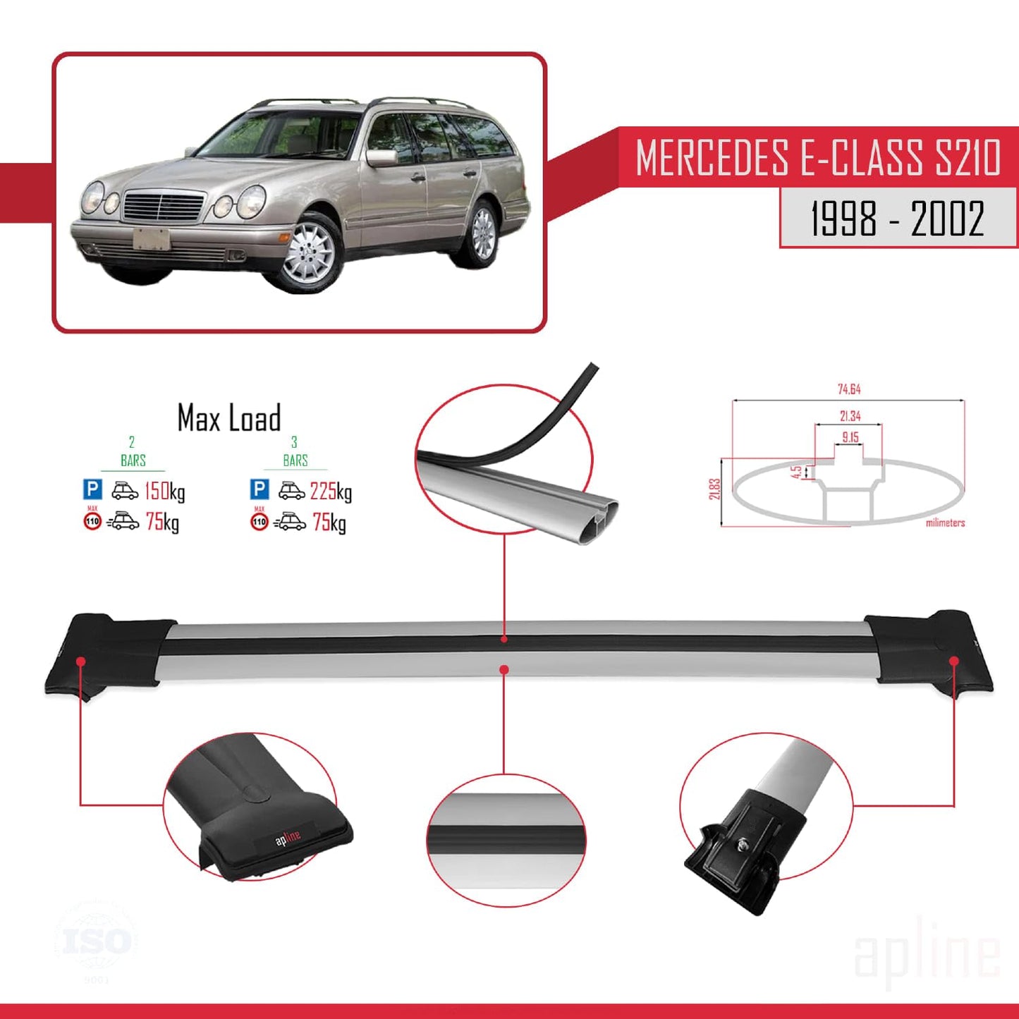 Compatible with Mercedes E Class S210 Wagon 1998-2002 Fly Model Car Roof Rack Cross Bar Grey Aluminium 2 Bars