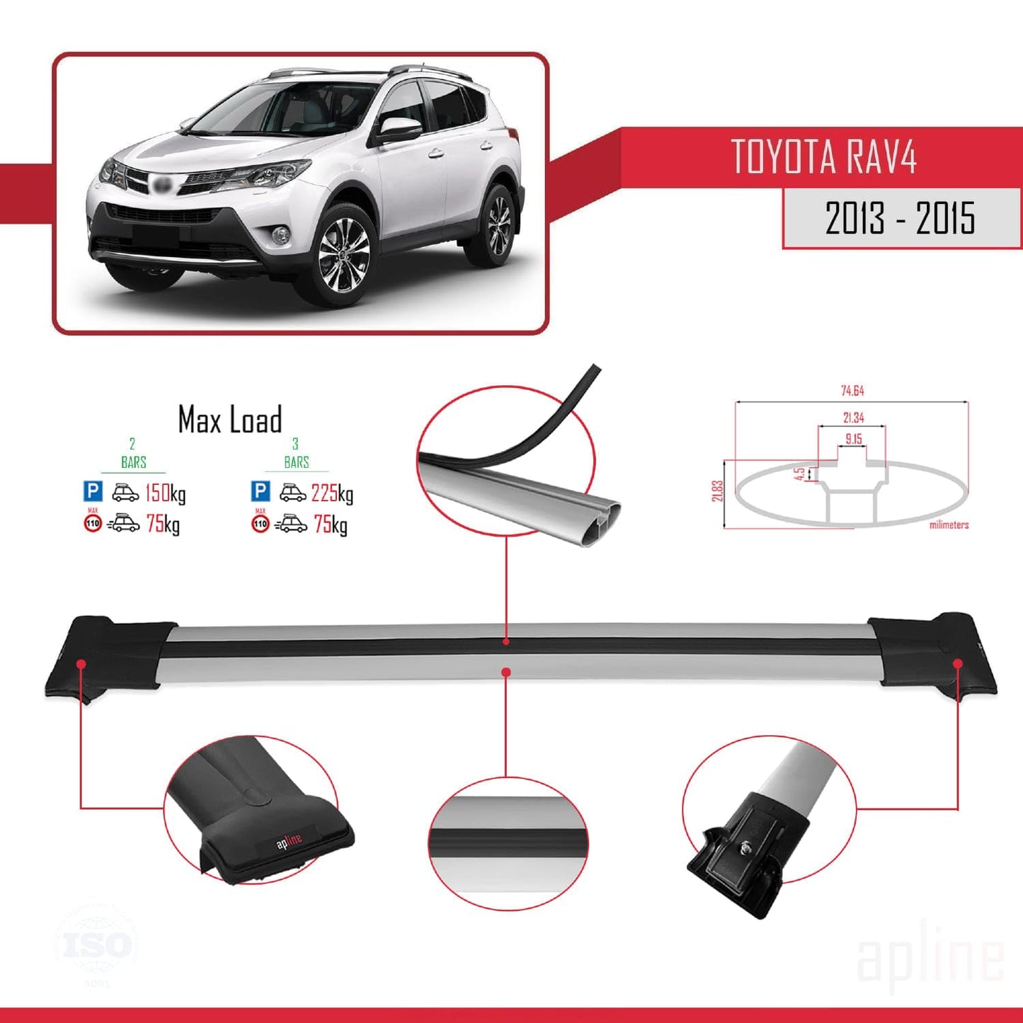 Compatible with Toyota RAV4 IV (XA40) Pre-Facelift 2013-2015 Fly Model Car Roof Rack Cross Bar Grey Aluminium 2 Bars