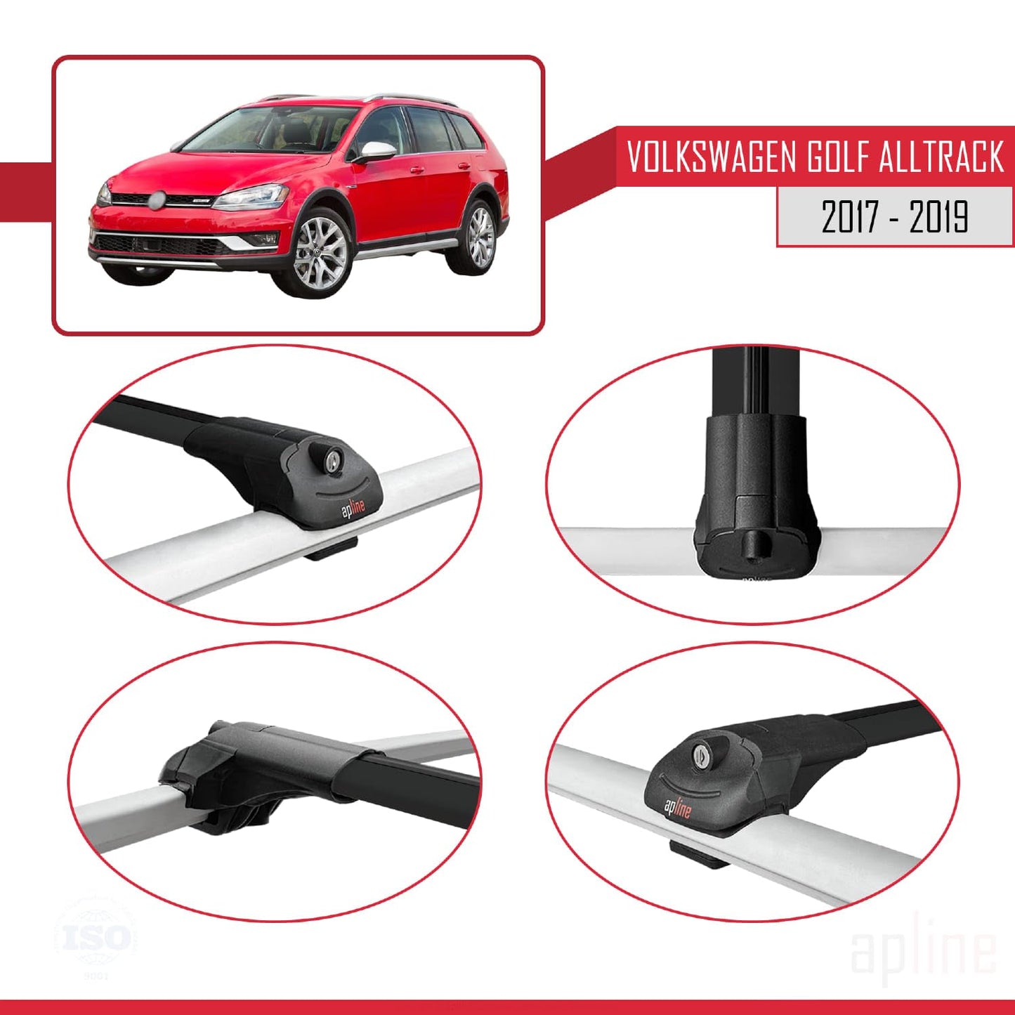 Compatible with VW Golf Alltrack Mk7 2017-2019 ACE-1 Car Roof Rack Cross Bar Black Aluminium 3 Bars
