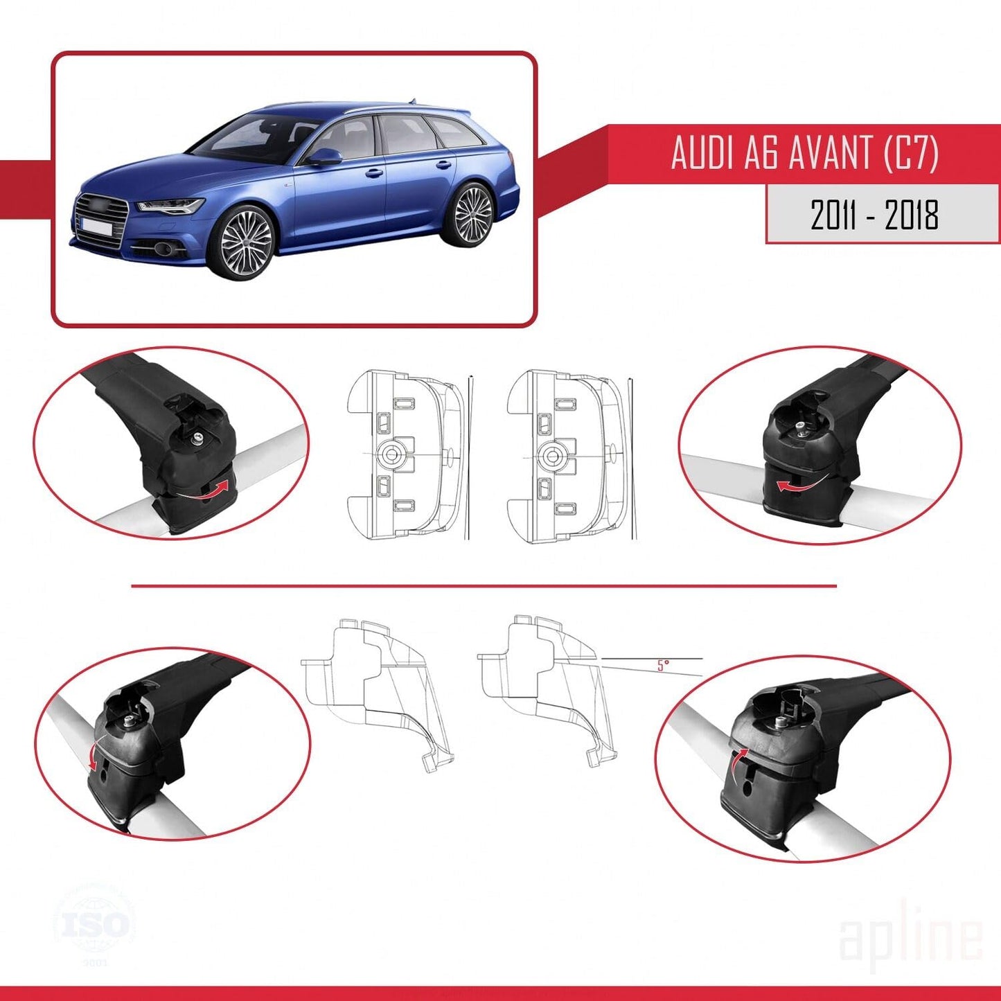 Compatible with Audi A6 (C7) Avant 2011-2018 ACE-2 Car Roof Rack Cross Bar Black Aluminium 2 Bars