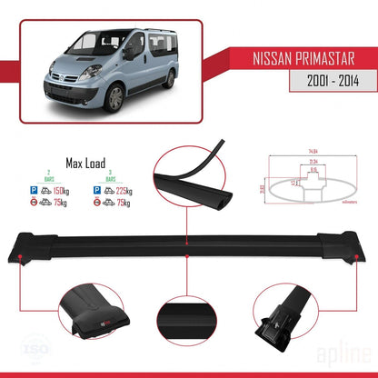 Compatible with Nissan Primastar 2001-2014 Fly Model Car Roof Rack Cross Bar Black Aluminium 2 Bars