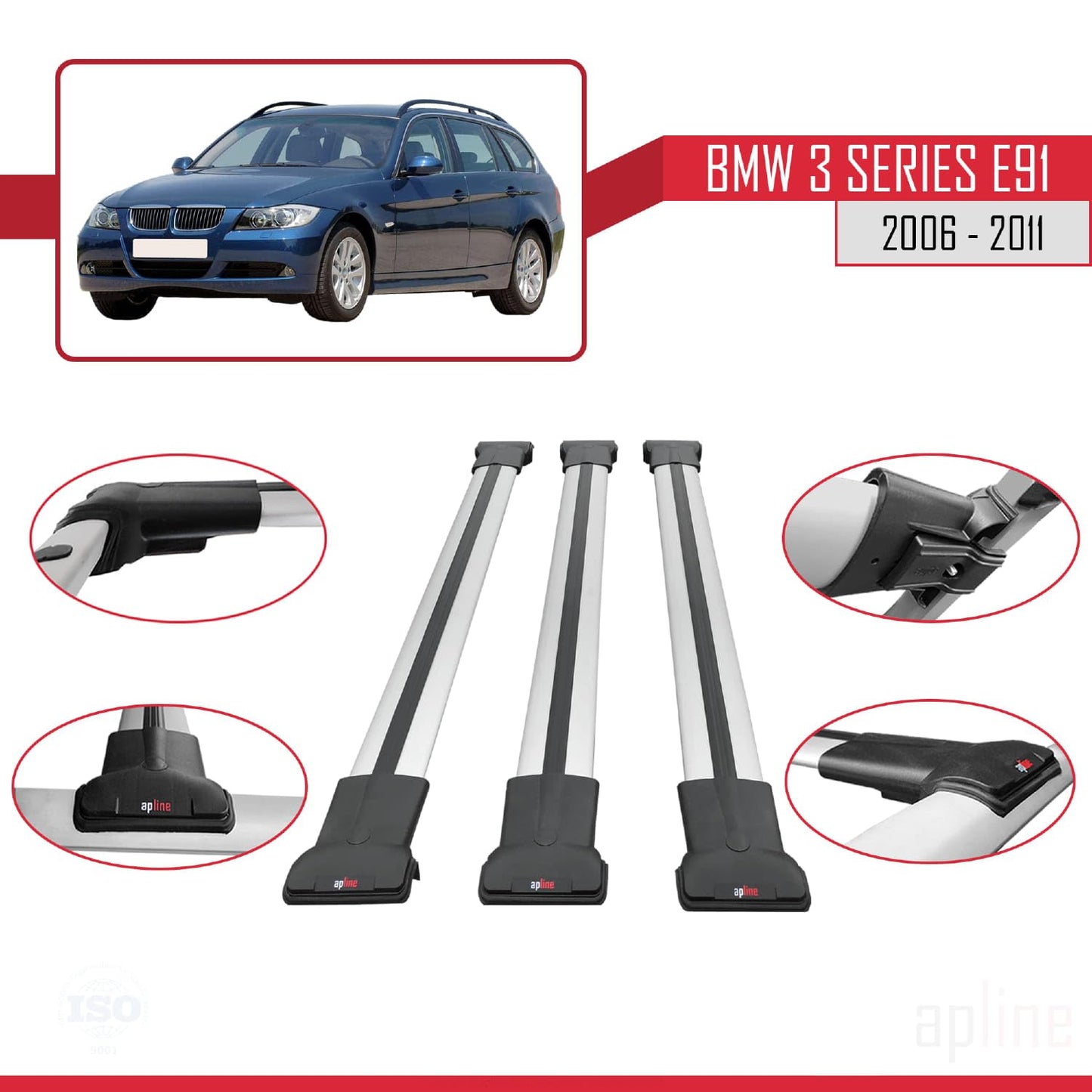 Compatible with BMW 3 Series E91 Touring 2006-2011 Fly Model Car Roof Rack Cross Bar Grey Aluminium 3 Bars