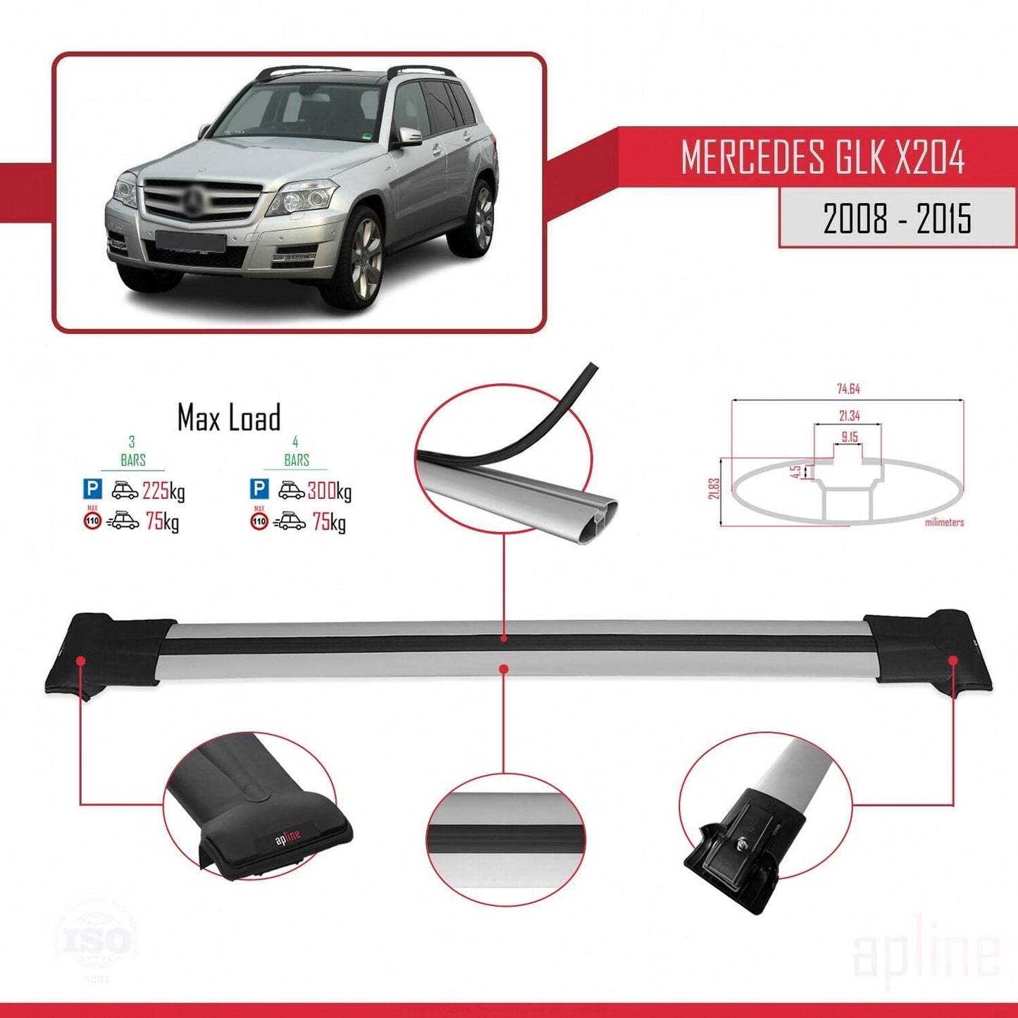 Compatible with Mercedes GLK Class (X204) 2008-2015 Fly Model Car Roof Rack Cross Bar Grey Aluminium 3 Bars