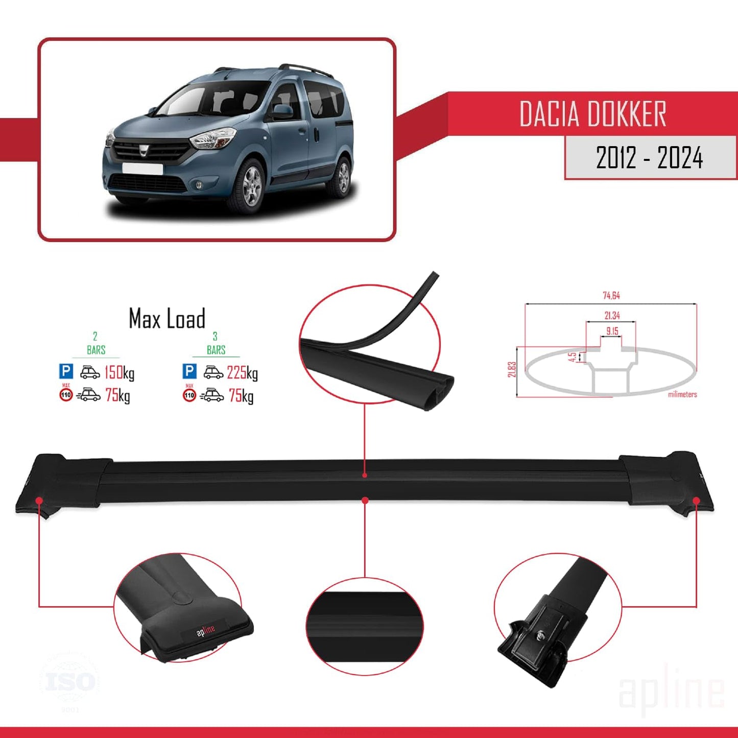 Compatible with Dacia Dokker (K67) 2012-2024 Fly Model Car Roof Rack Cross Bar Black Aluminium 2 Bars