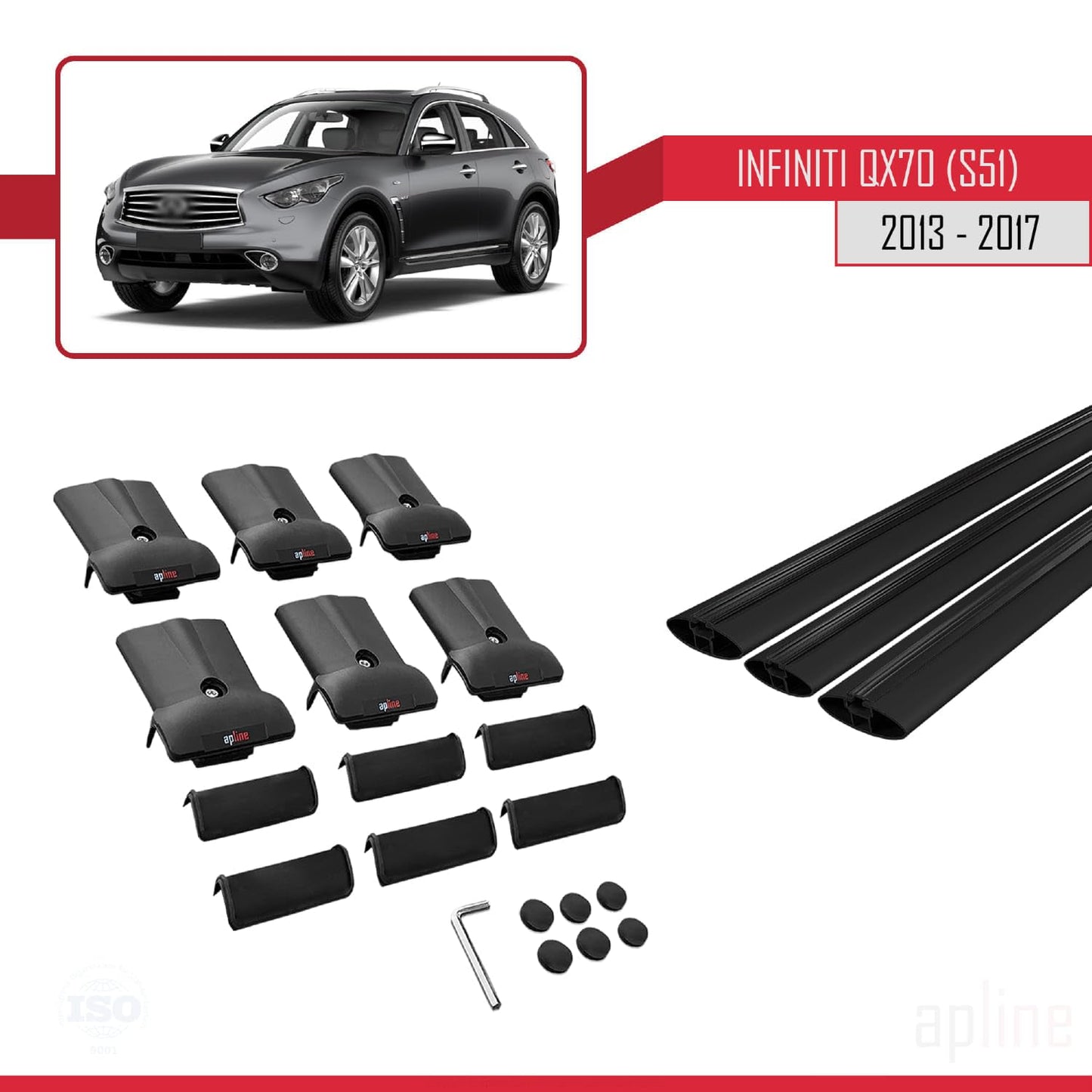 Compatible with Infiniti QX70 (S51) 2013-2017 Fly Model Car Roof Rack Cross Bar Black Aluminium 3 Bars