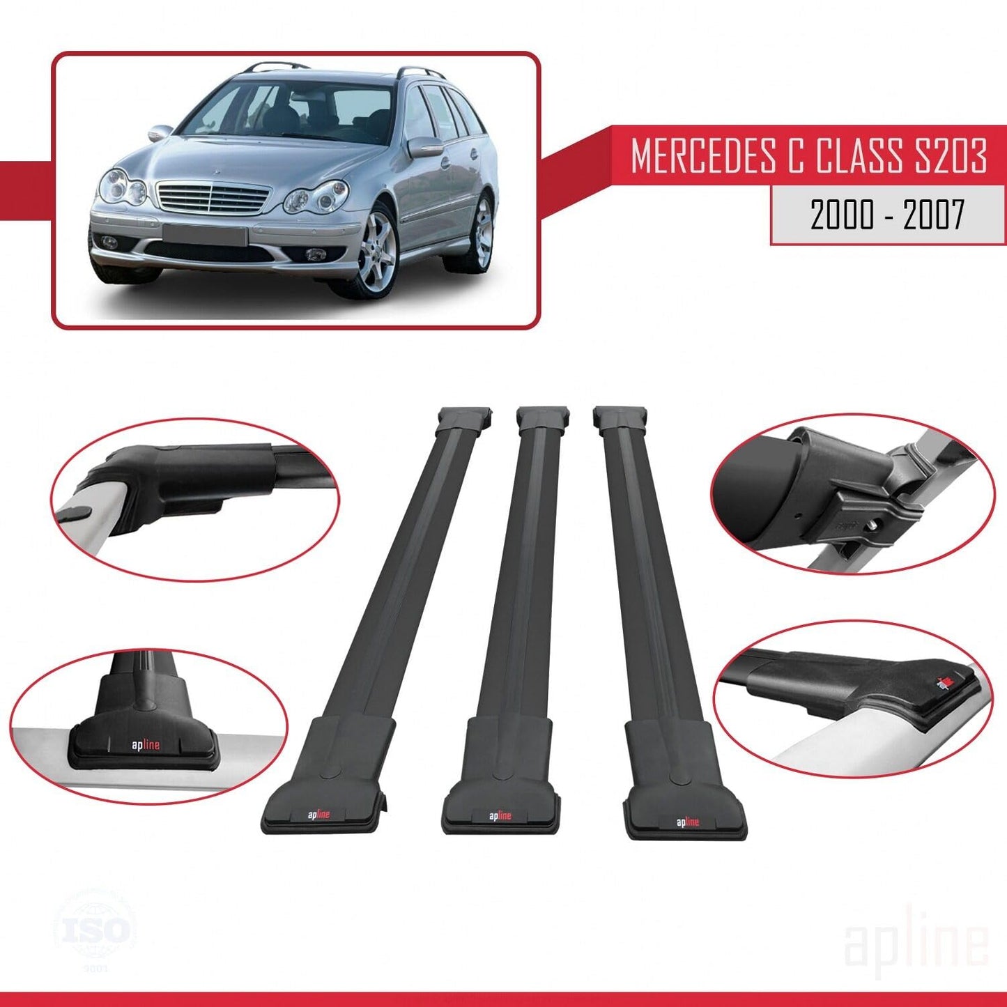 Compatible with Mercedes C Class 2 (S203) 2000-2007 Fly Model Car Roof Rack Cross Bar Black Aluminium 3 Bars