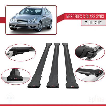 Compatible with Mercedes C Class 2 (S203) 2000-2007 Fly Model Car Roof Rack Cross Bar Black Aluminium 3 Bars