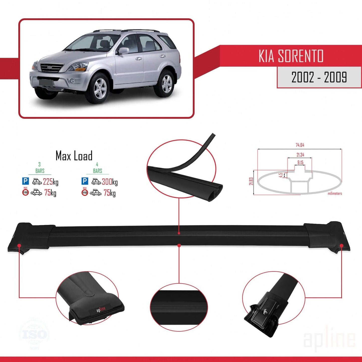 Compatible with Kia Sorento (BL) 2002-2009 Fly Model Car Roof Rack Cross Bar Black Aluminium 3 Bars