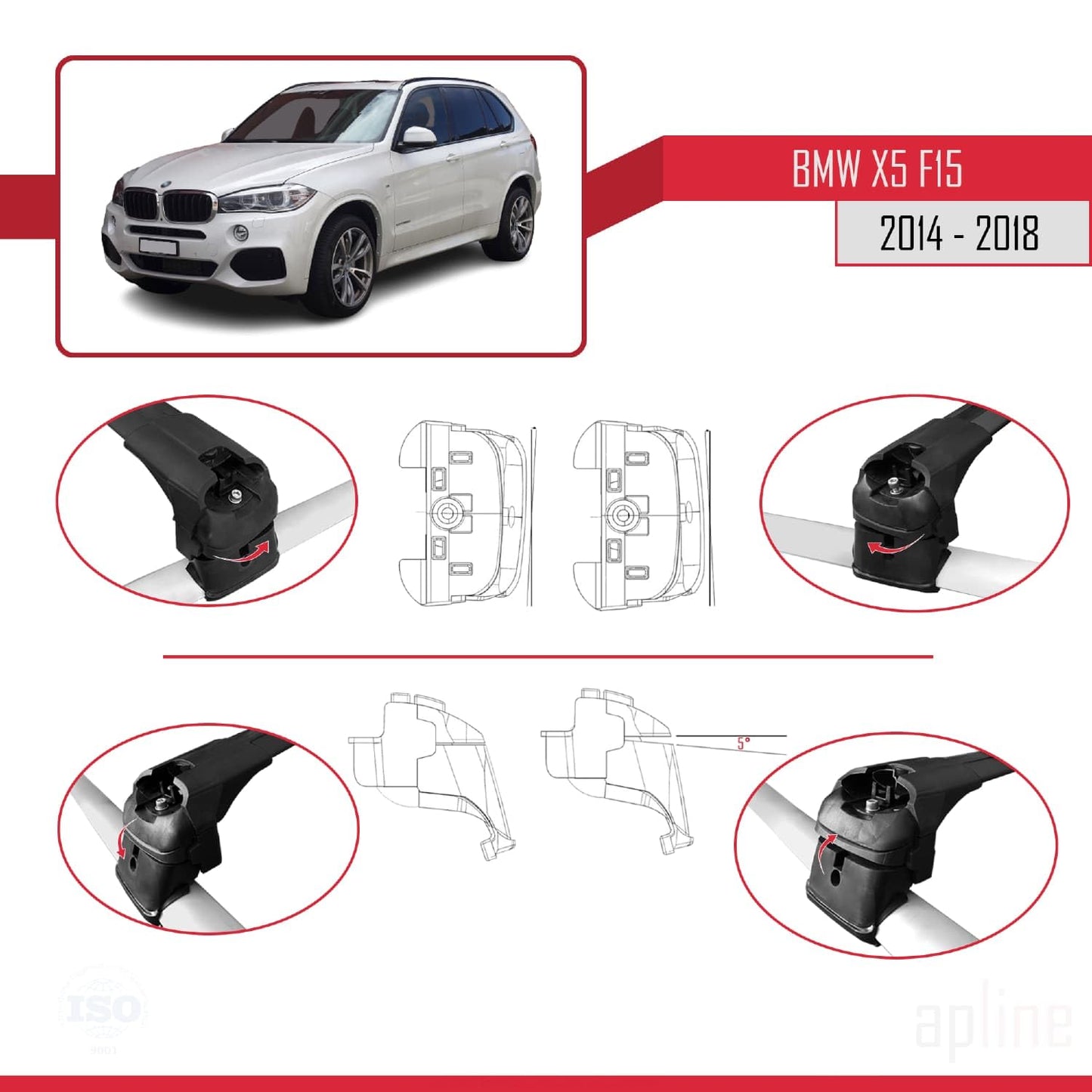 Compatible with BMW X5 (F15) 2014-2018 ACE-2 Car Roof Rack Cross Bar Black Aluminium 2 Bars