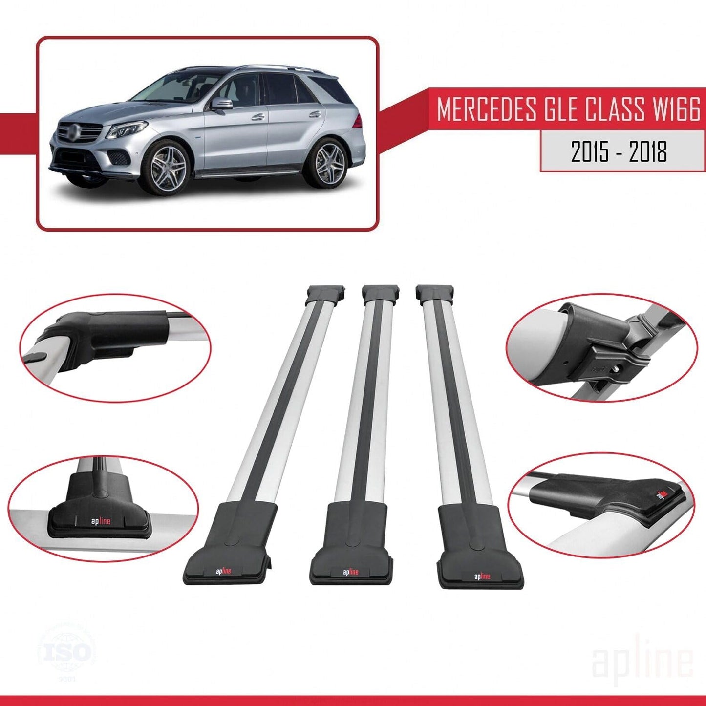 Compatible with Mercedes GLE Class 3 (W166) 2015-2018 Fly Model Car Roof Rack Cross Bar Grey Aluminium 3 Bars