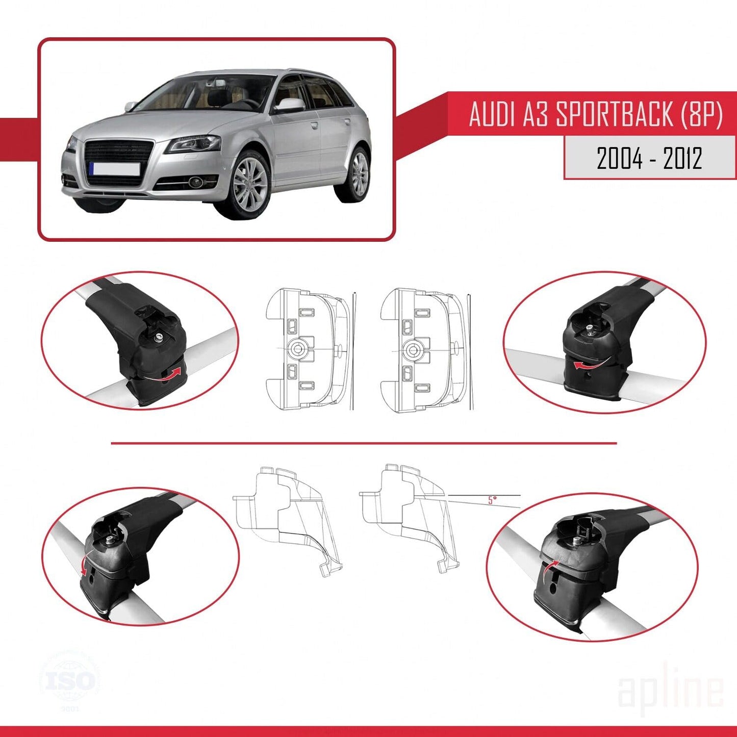 Compatible with Audi A3 (8PA) Sportback 2004-2012 ACE-2 Car Roof Rack Cross Bar Grey Aluminium 2 Bars