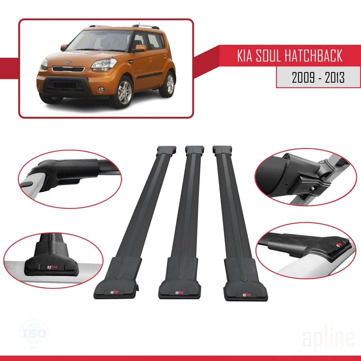 Compatible with Kia Soul (AM) HB 2009-2013 Fly Model Car Roof Rack Cross Bar Black Aluminium 3 Bars