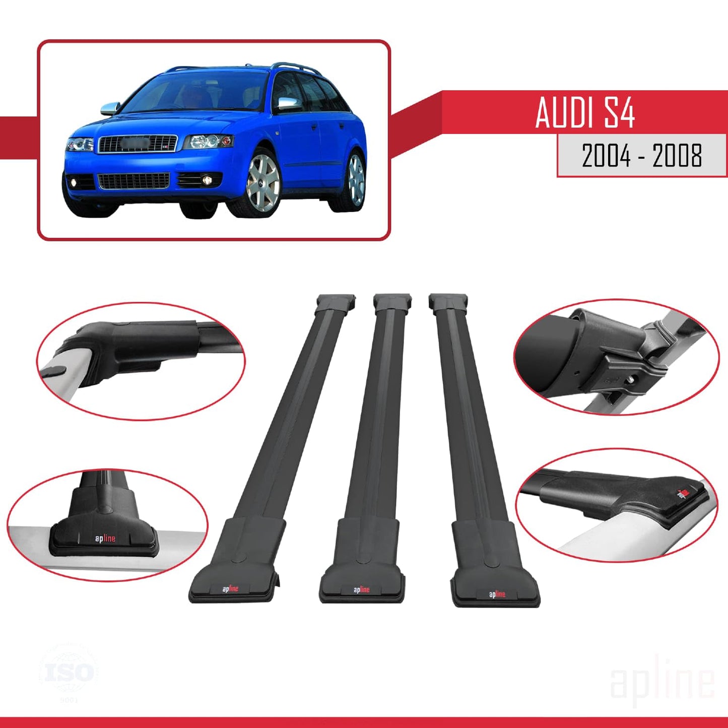Compatible with Audi S4 2004-2008 Fly Model Car Roof Rack Cross Bar Black Aluminium 3 Bars