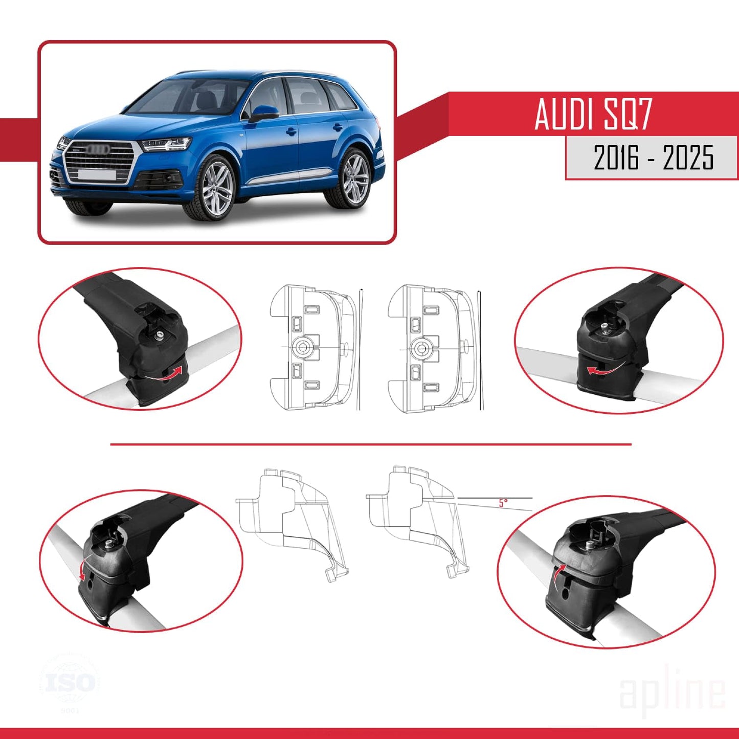 Compatible with Audi SQ7 (4M) 2016-2025 ACE-2 Car Roof Rack Cross Bar Black Aluminium 2 Bars