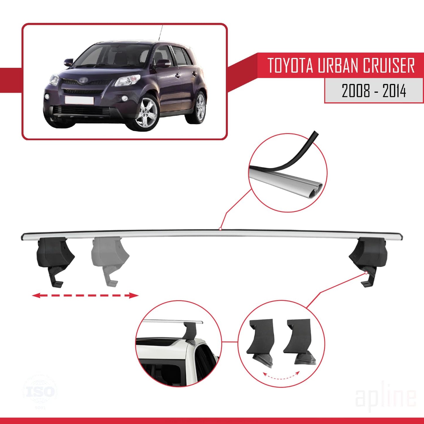 Compatible with Toyota Urban Cruiser 2008-2014 ACE-4 Car Roof Rack Cross Bar Grey Aluminium 2 Bars