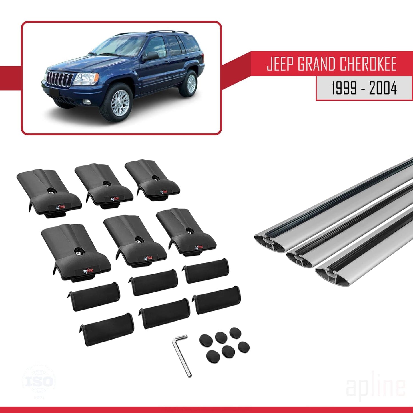 Compatible with Jeep Grand Cherokee 2 (WJ) 1999-2004 Fly Model Car Roof Rack Cross Bar Grey Aluminium 3 Bars