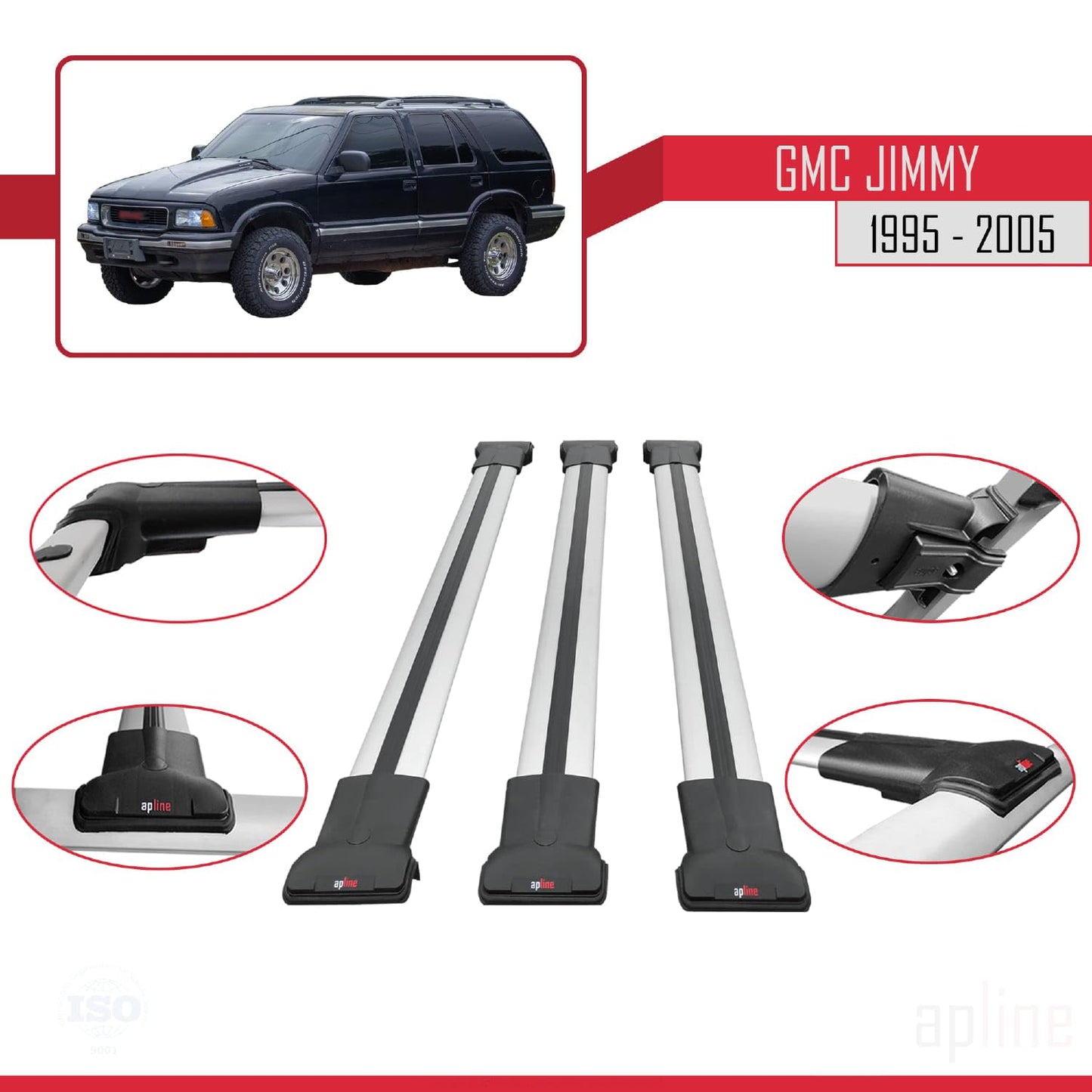 Compatible with GMC Jimmy 1995-2005 Fly Model Car Roof Rack Cross Bar Grey Aluminium 3 Bars