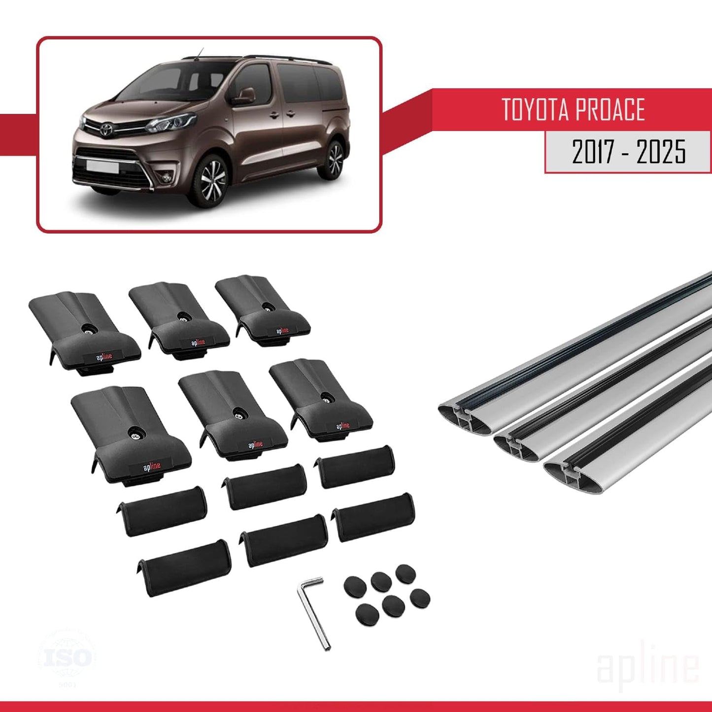 Compatible with Toyota Proace 2017-2025 Fly Model Car Roof Rack Cross Bar Grey Aluminium 3 Bars