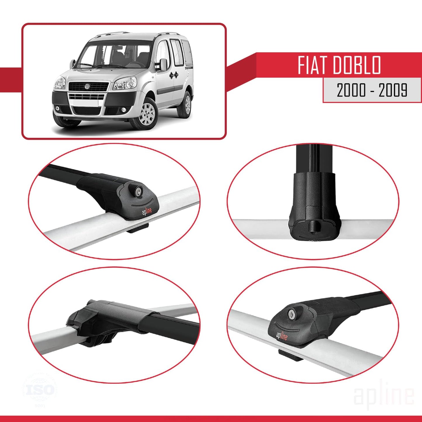 Compatible with Fiat Doblo 2000-2009 ACE-1 Car Roof Rack Cross Bar Black Aliminum 2 Bars