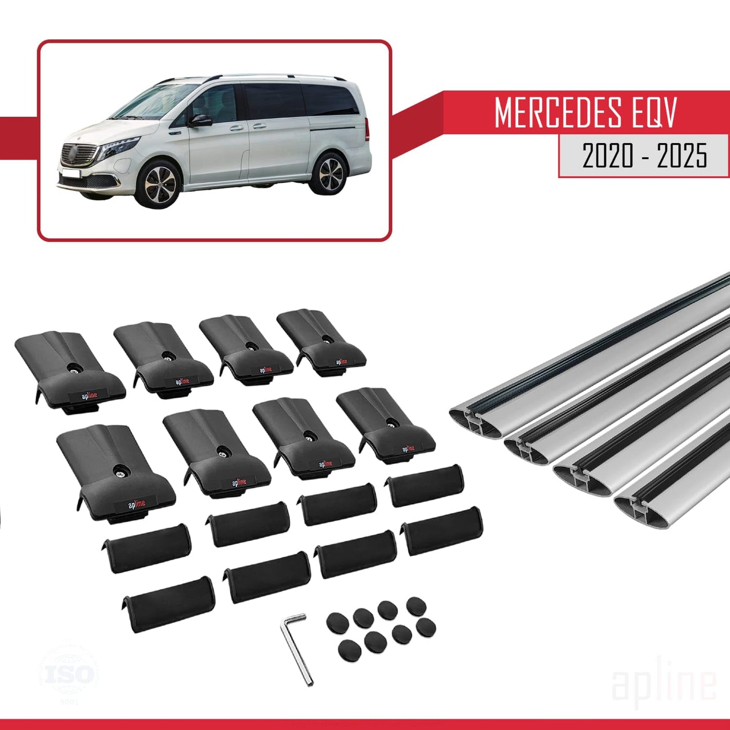 Compatible with Mercedes EQV (W447) 2020-2025 Fly Model Car Roof Rack Cross Bar Grey Aluminium 4 Bars