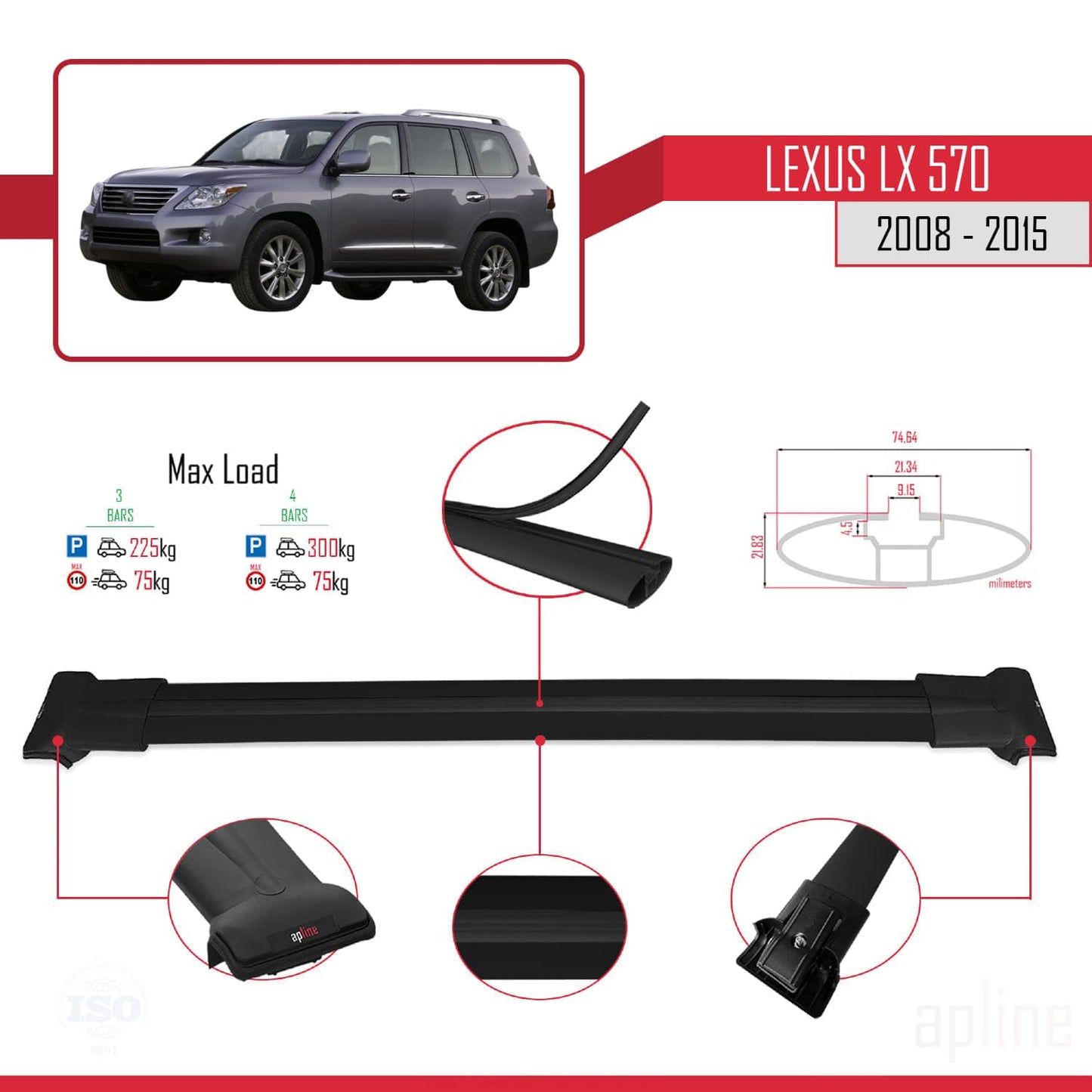 Compatible with Lexus LX 570 2008-2015 Fly Model Car Roof Rack Cross Bar Black Aluminium 3 Bars