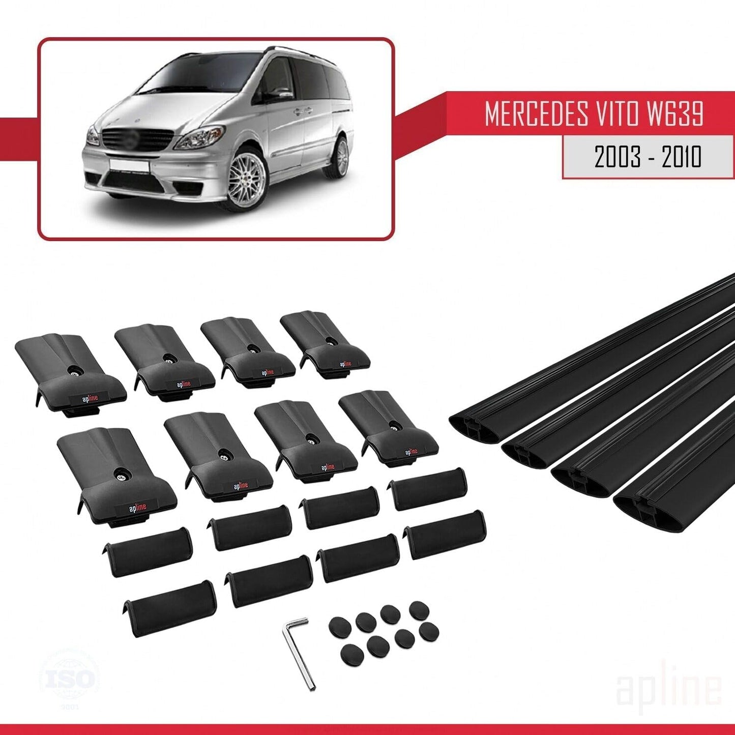Compatible with Mercedes Vito 2 (W639) Pre-Facelift 2003-2010 Fly Model Car Roof Rack Cross Bar Black Aluminium 4 Bars