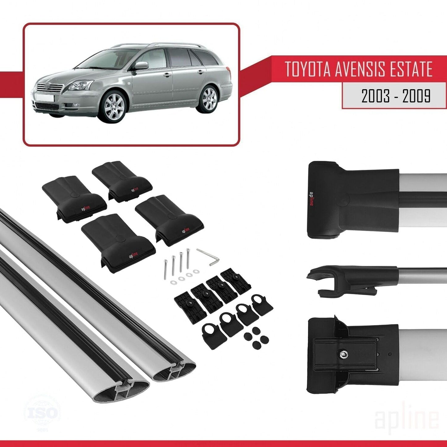 Compatible with Toyota Avensis SW 2003-2009 Fly Model Car Roof Rack Cross Bar Grey Aluminium 2 Bars