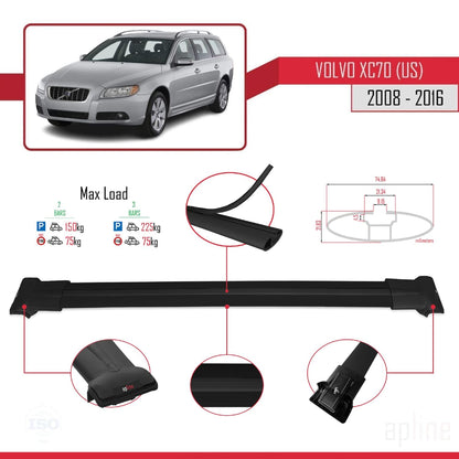 Compatible with Volvo XC70 II (P24) 2008-2016 Fly Model Car Roof Rack Cross Bar Black Aluminium 2 Bars