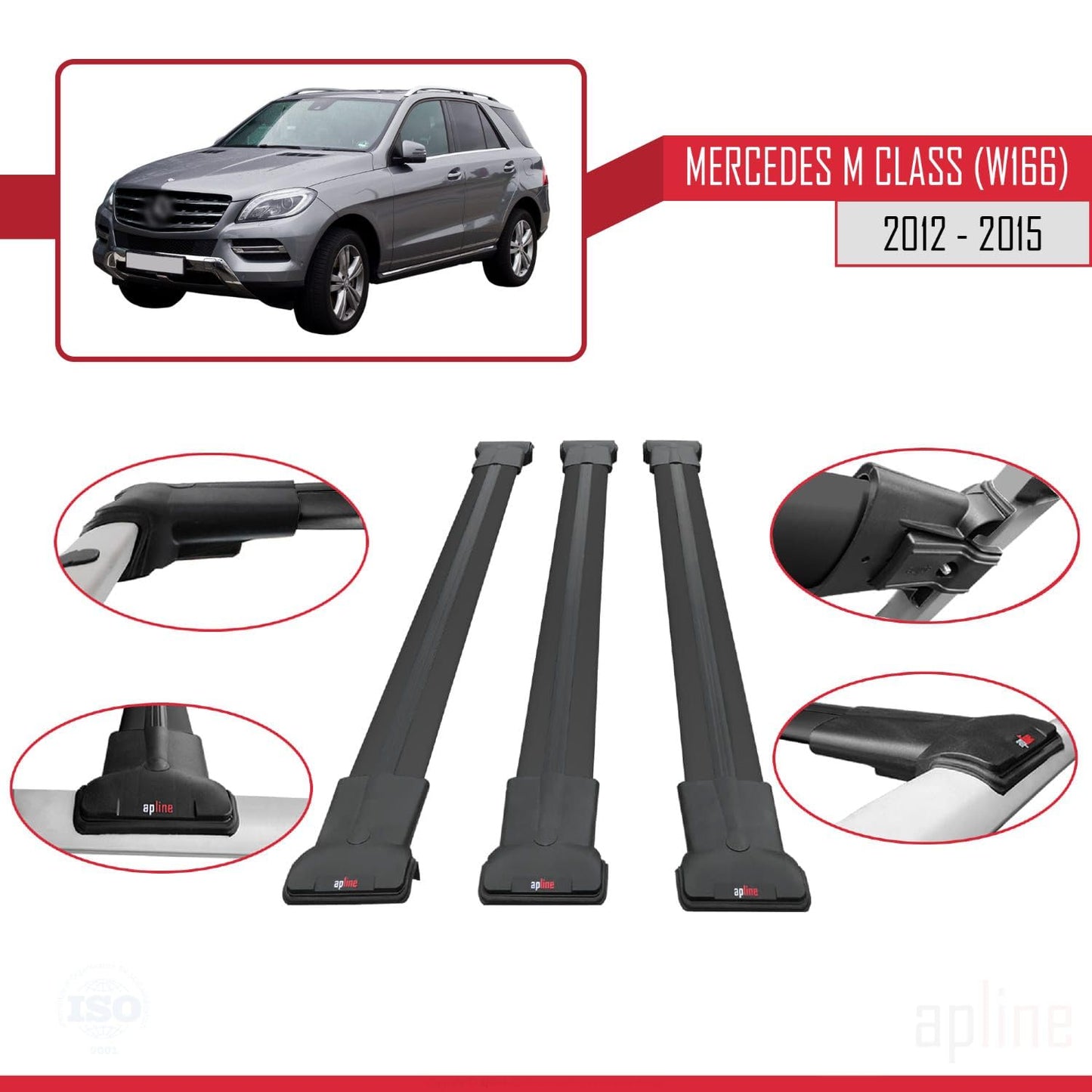 Compatible with Mercedes M Class 3 (W166) Pre-Facelift 2012-2015 Fly Model Car Roof Rack Cross Bar Black Aluminium 3 Bars