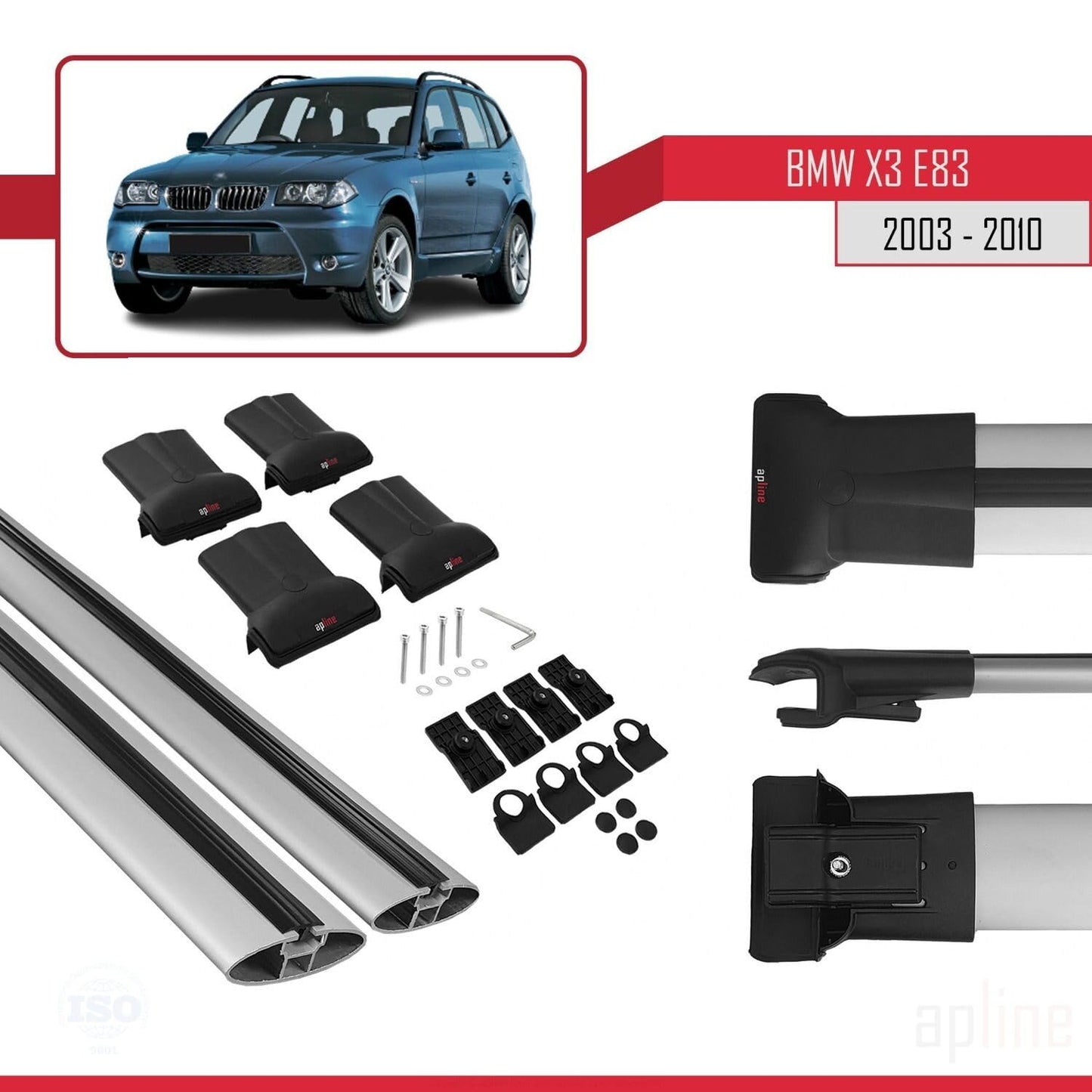 Compatible with BMW X3 (E83) 2003-2010 Fly Model Car Roof Rack Cross Bar Grey Aluminium 2 Bars
