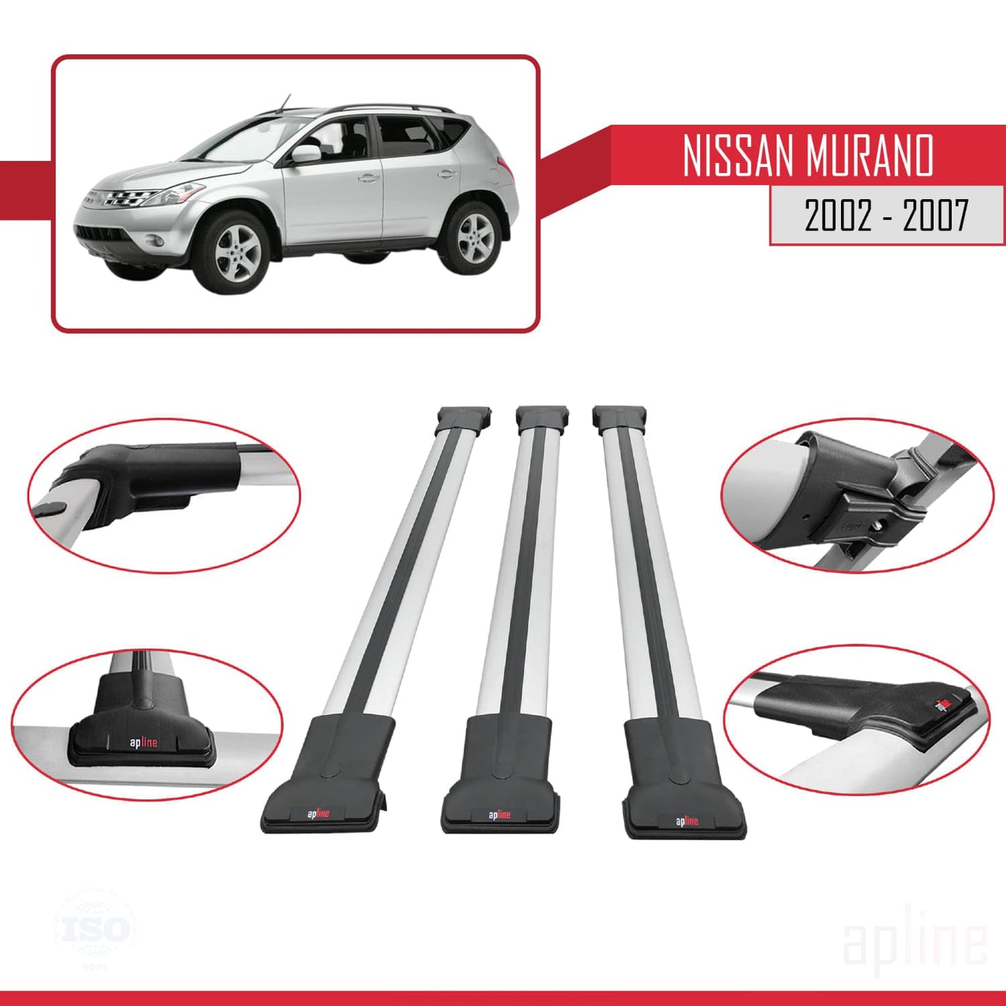 Compatible with Nissan Murano 2002-2007 Fly Model Car Roof Rack Cross Bar Grey Aluminium 3 Bars