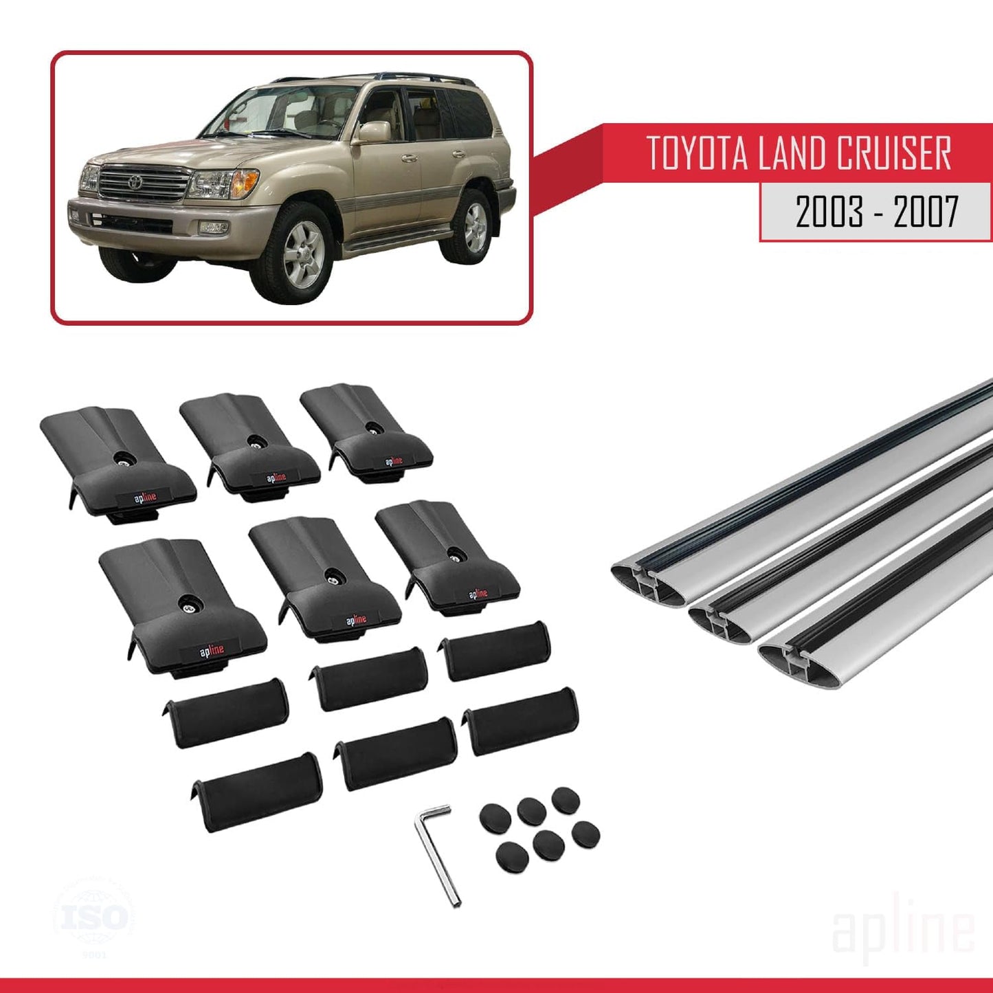 Compatible with Toyota Land Cruiser (J100) 2003-2007 Fly Model Car Roof Rack Cross Bar Grey Aluminium 3 Bars