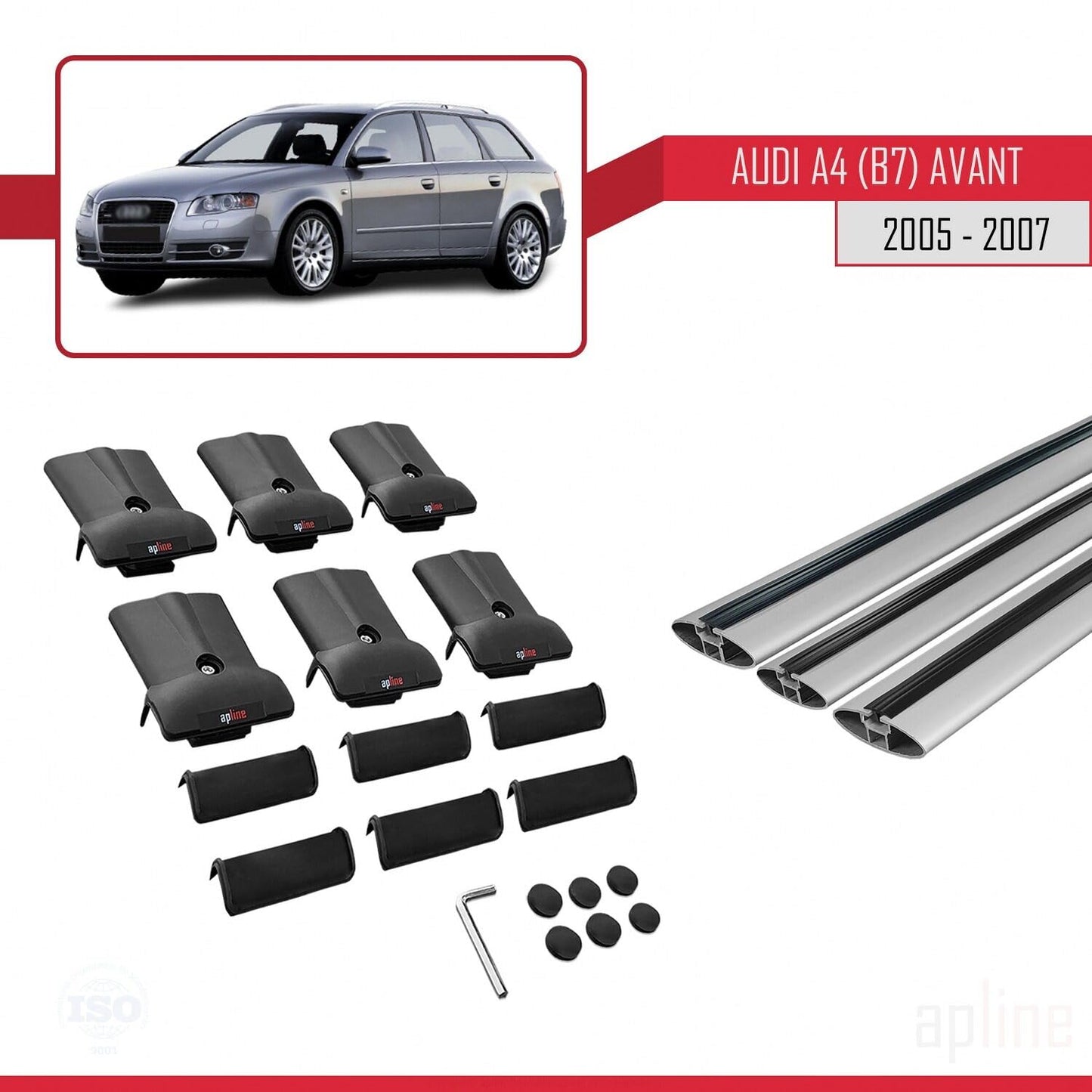 Compatible with Audi A4 (B7) Avant 2005-2007 Fly Model Car Roof Rack Cross Bar Grey Aluminium 3 Bars