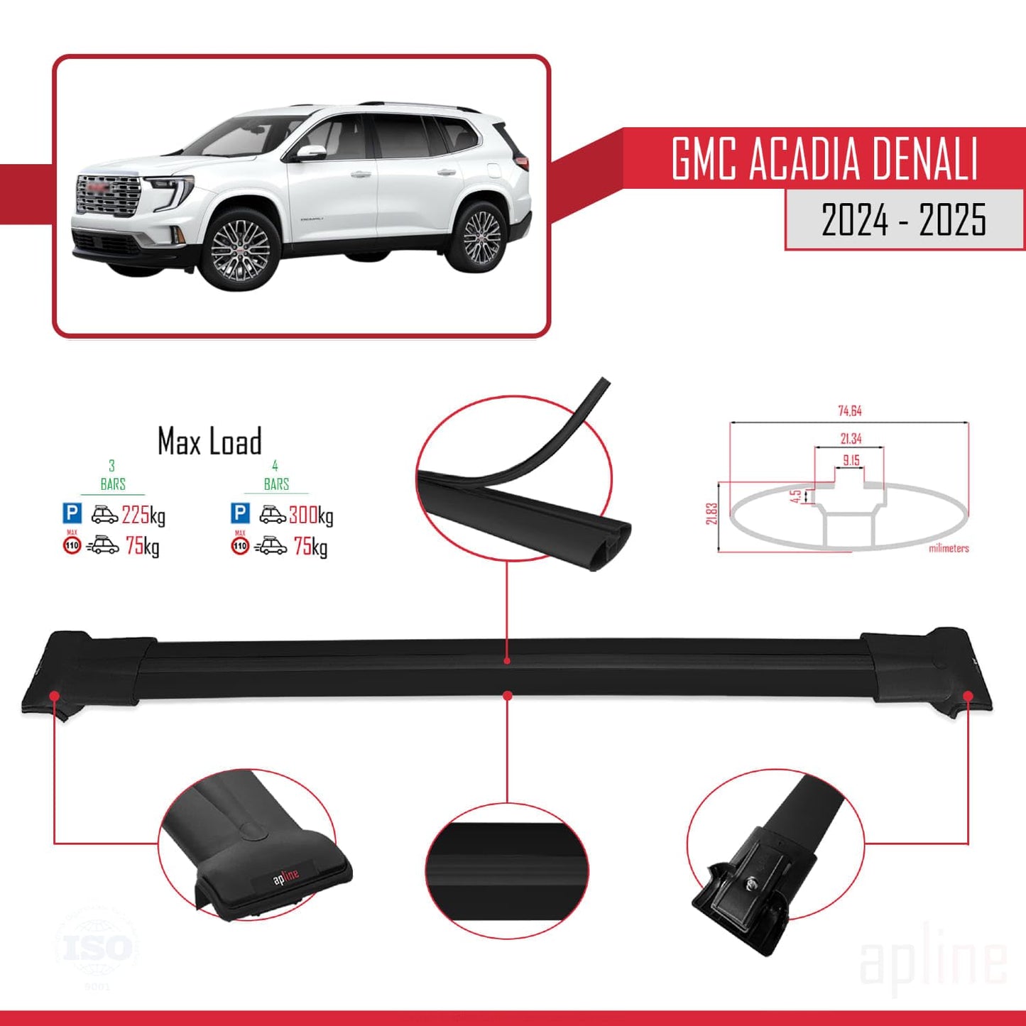 Compatible with GMC Acadia Denali 2024-2025 Fly Model Car Roof Rack Cross Bar Black Aluminium 3 Bars