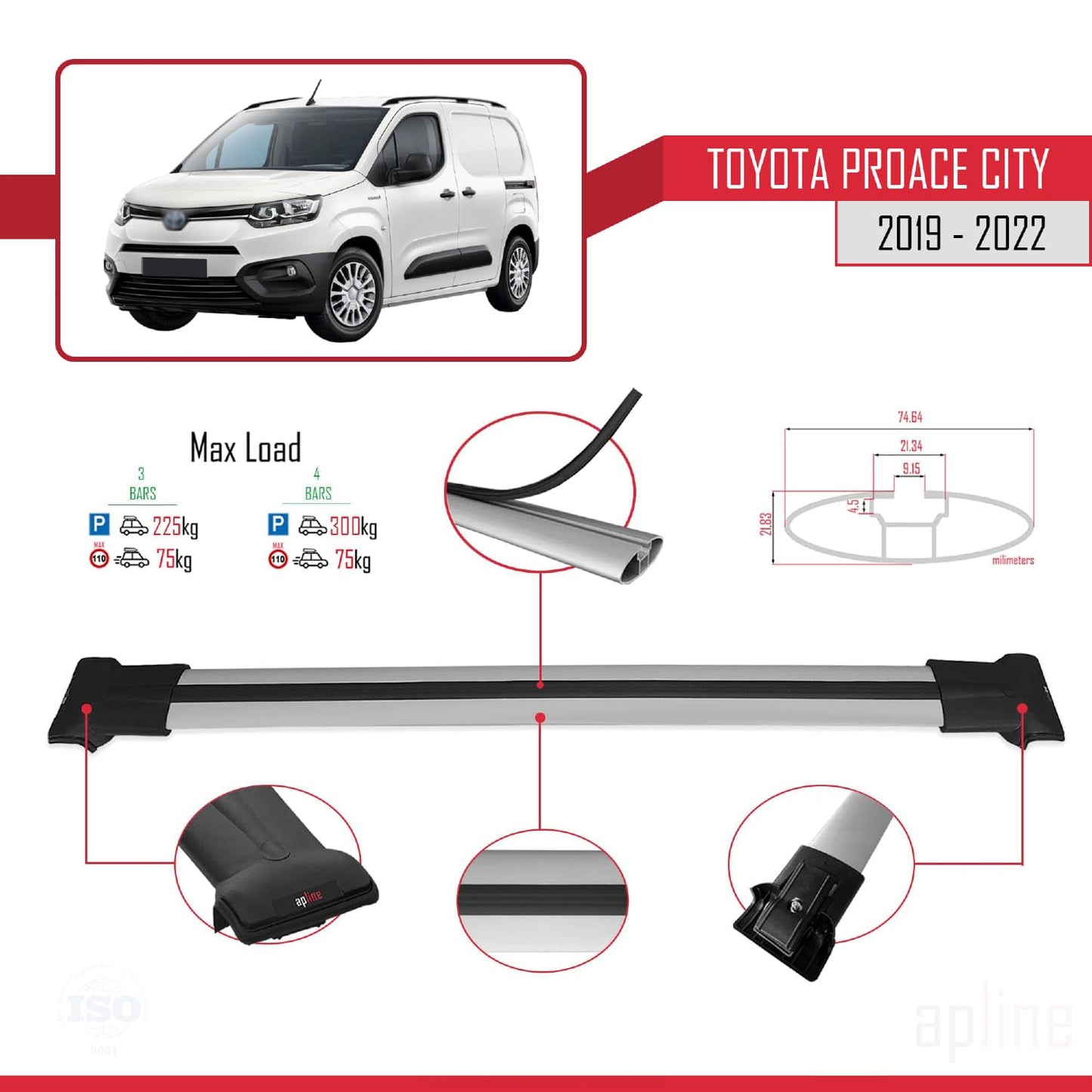 Compatible with Toyota Proace City 2019-2022 Fly Model Car Roof Rack Cross Bar Grey Aluminium 3 Bars