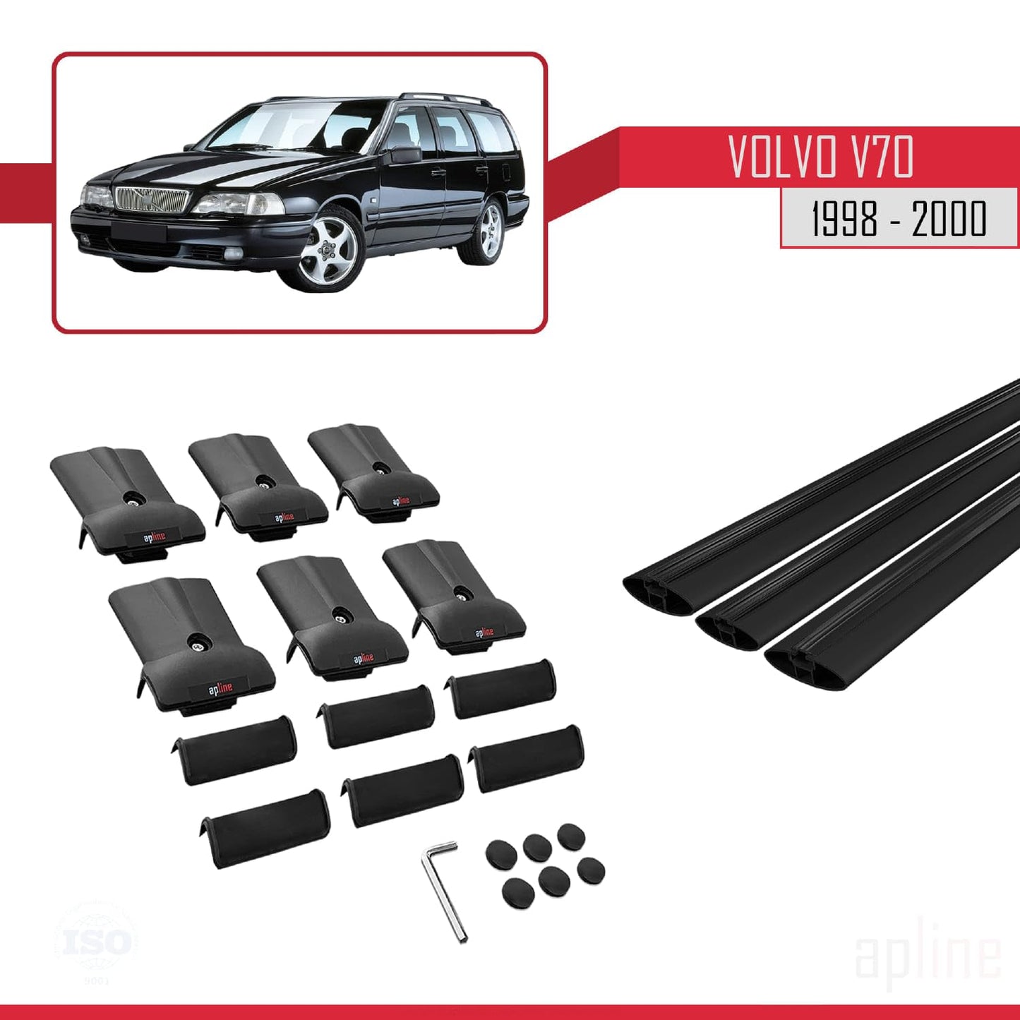 Compatible with Volvo V70 1998-2000 Fly Model Car Roof Rack Cross Bar Black Aluminium 3 Bars