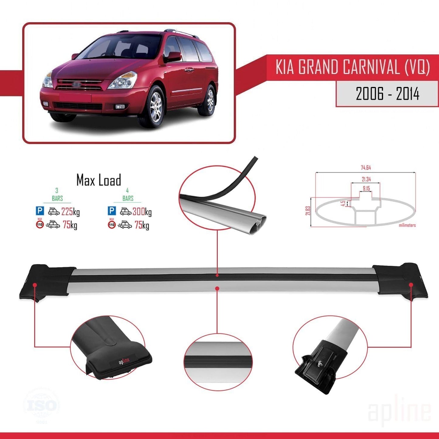 Compatible with Kia Grand Carnival 2 (VQ) 2006-2014 Fly Model Car Roof Rack Cross Bar Grey Aluminium 3 Bars