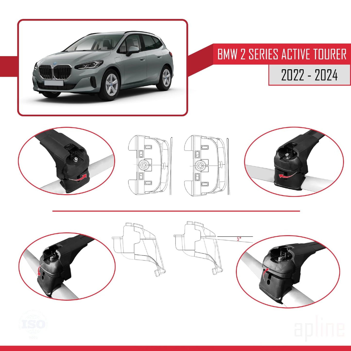 Compatible with BMW 2 Series Active Tourer 2022-2024 ACE-2 Car Roof Rack Cross Bar Black Aluminium 2 Bars