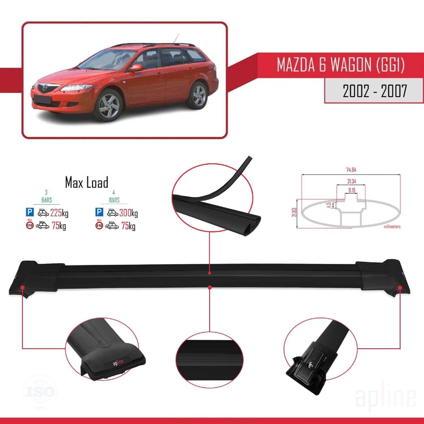 Compatible with Mazda 6 I (GG1) 2002-2007 Fly Model Car Roof Rack Cross Bar Black Aluminium 3 Bars