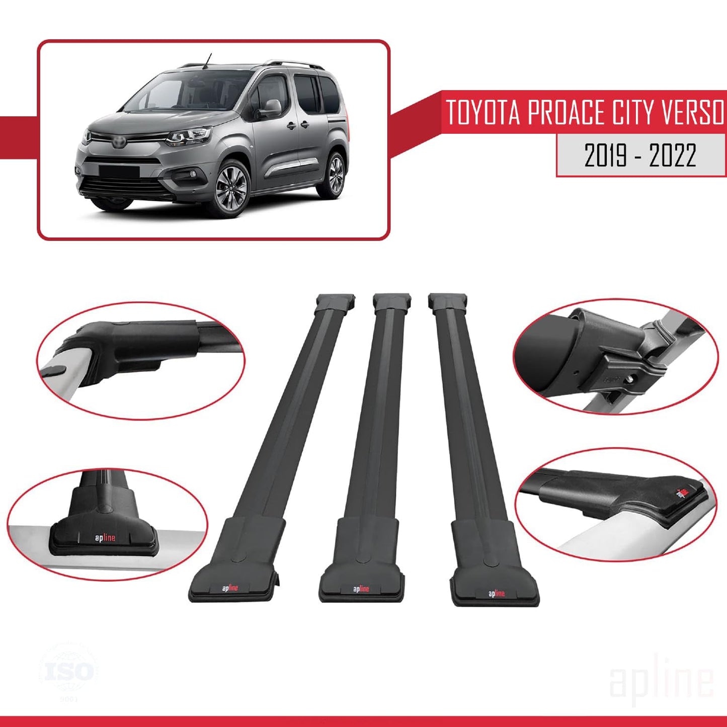 Compatible with Toyota Proace City Verso 2019-2022 Fly Model Car Roof Rack Cross Bar Black Aluminium 3 Bars