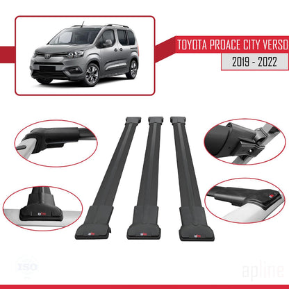 Compatible with Toyota Proace City Verso 2019-2022 Fly Model Car Roof Rack Cross Bar Black Aluminium 3 Bars